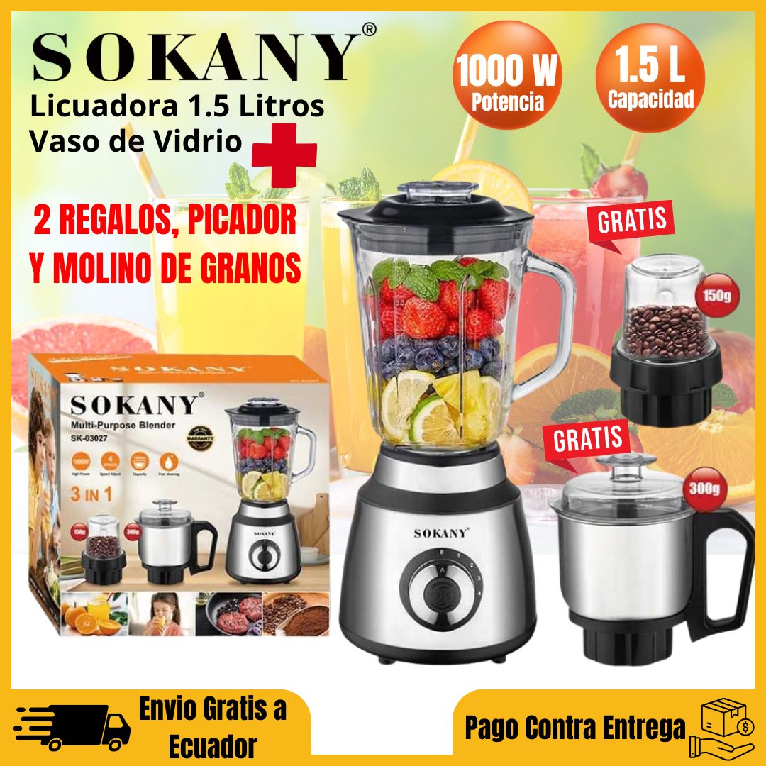 Licuadora Sokany Motor 1000W "Vaso de Vidrio 1.5 litros" + 2 Obsequios y Envío Gratis
