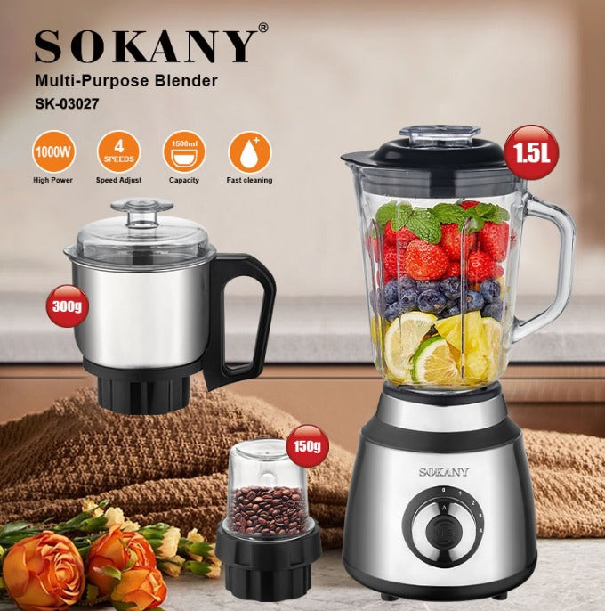 Licuadora Multipropósito Sokany 3 en 1 "Vaso de Vidrio 1.5 litros" + 🎁 Obsequio y Envío Gratis