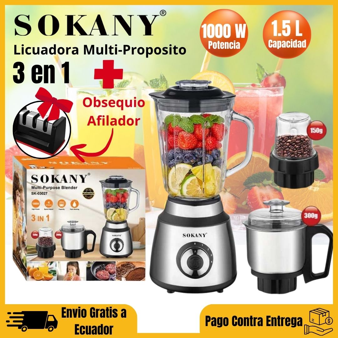 Licuadora Multipropósito Sokany 3 en 1 "Vaso de Vidrio 1.5 litros" + 🎁 Obsequio y Envío Gratis