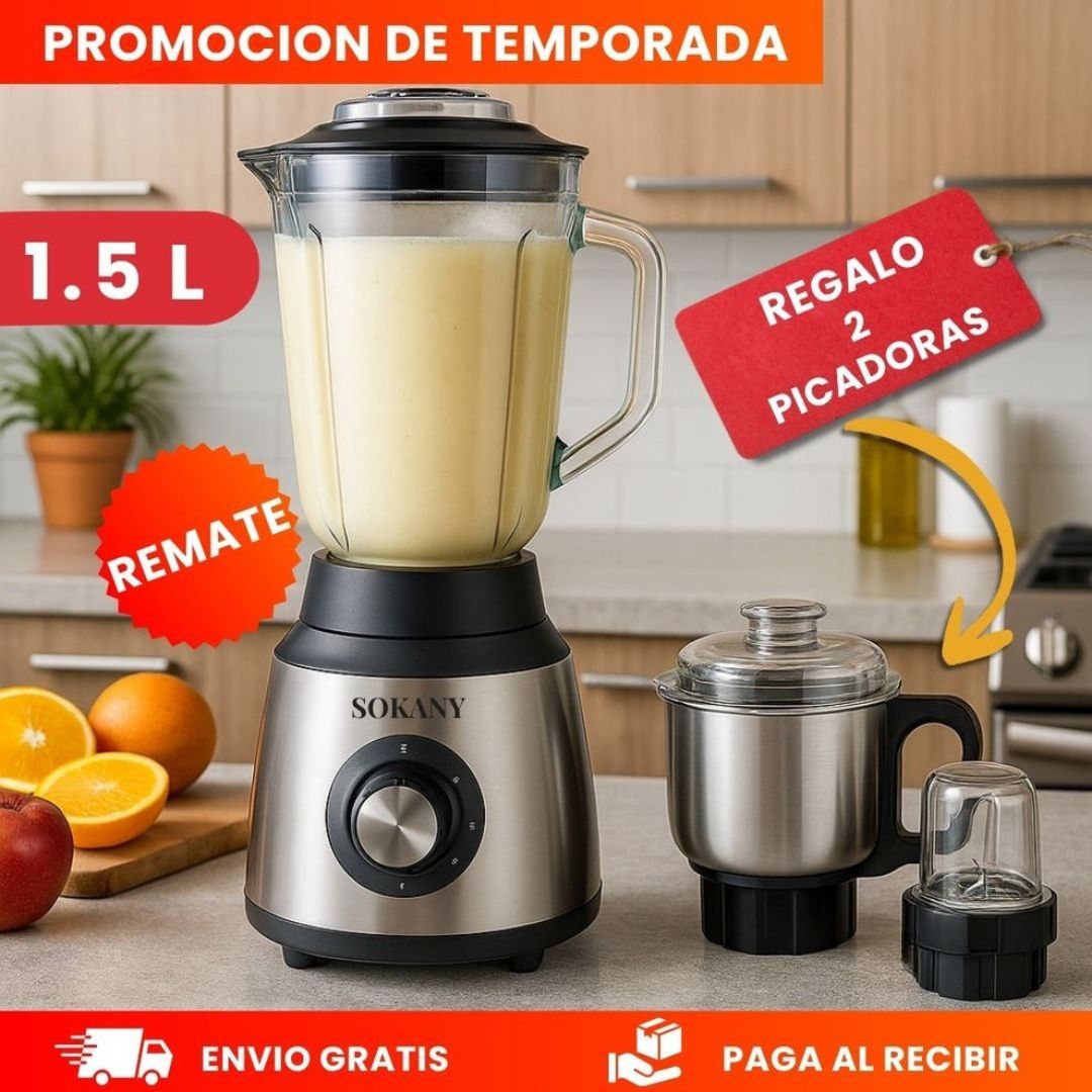 Licuadora Sokany Motor 1000W "Vaso de Vidrio 1.5 litros" + 2 Obsequios y Envío Gratis